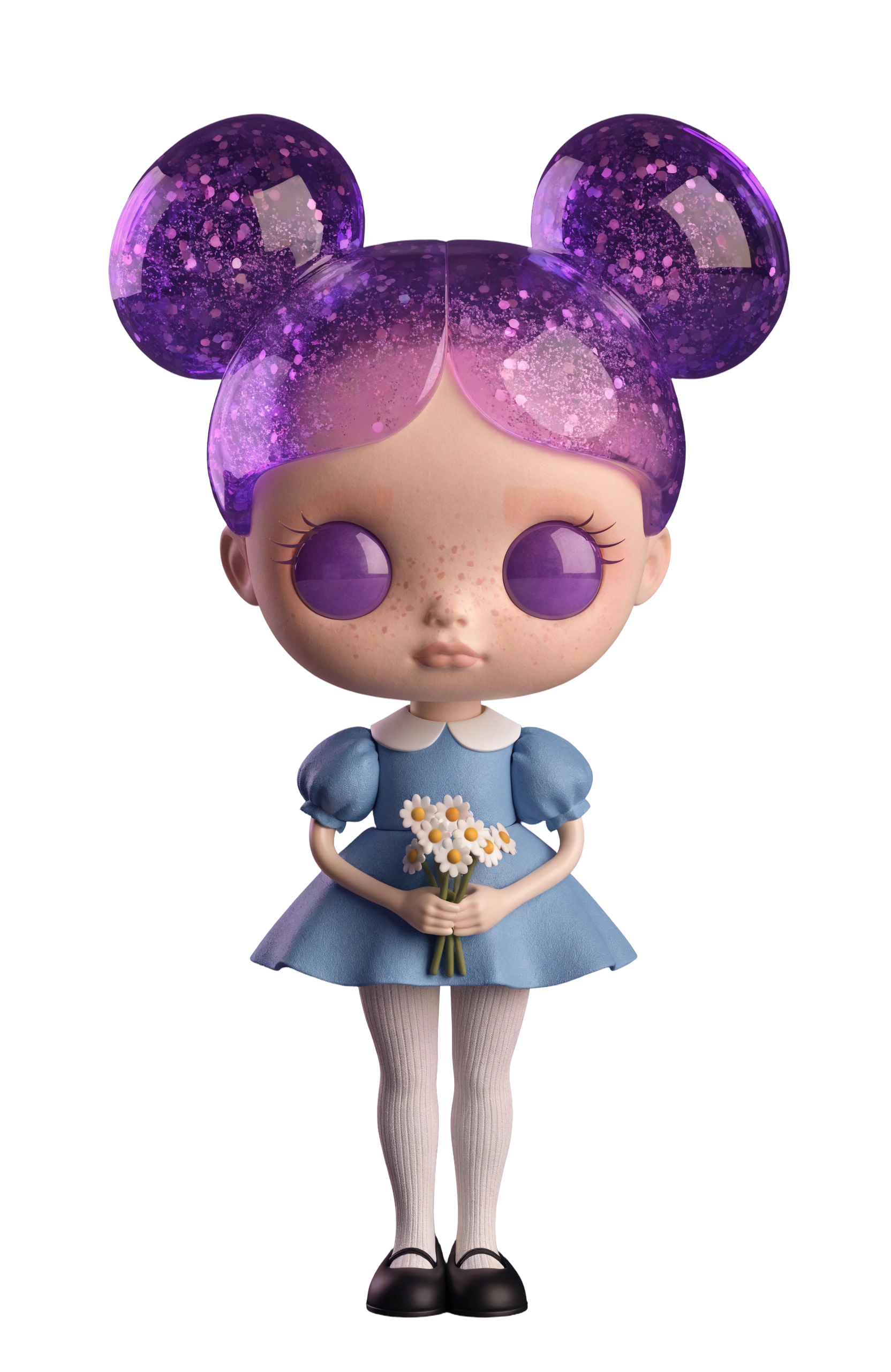 A wide-eyed doll figure with glittering purple ear-shaped hair, holding a small bouquet of daisies