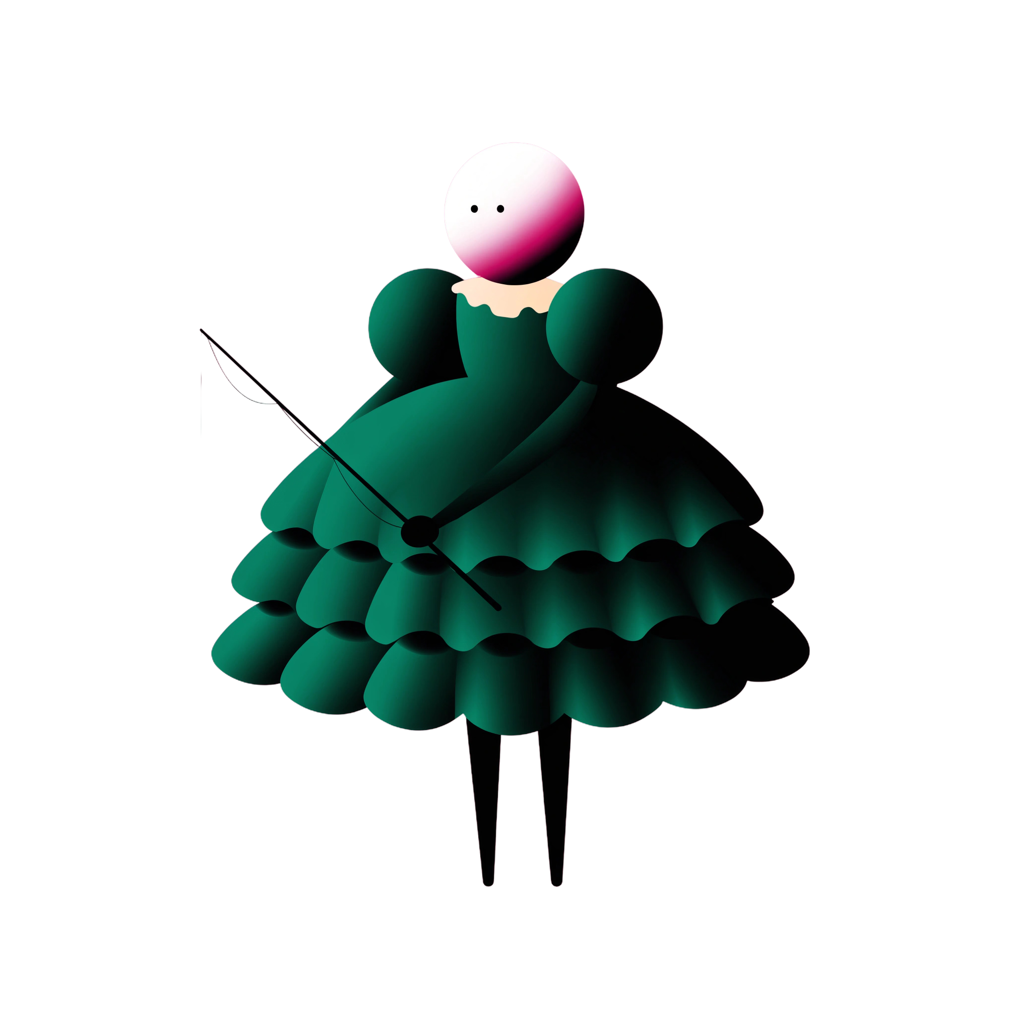 An illustrated figure with a pearl-like head and a tiered emerald ballgown holding a needle and thread, shaped like a clock