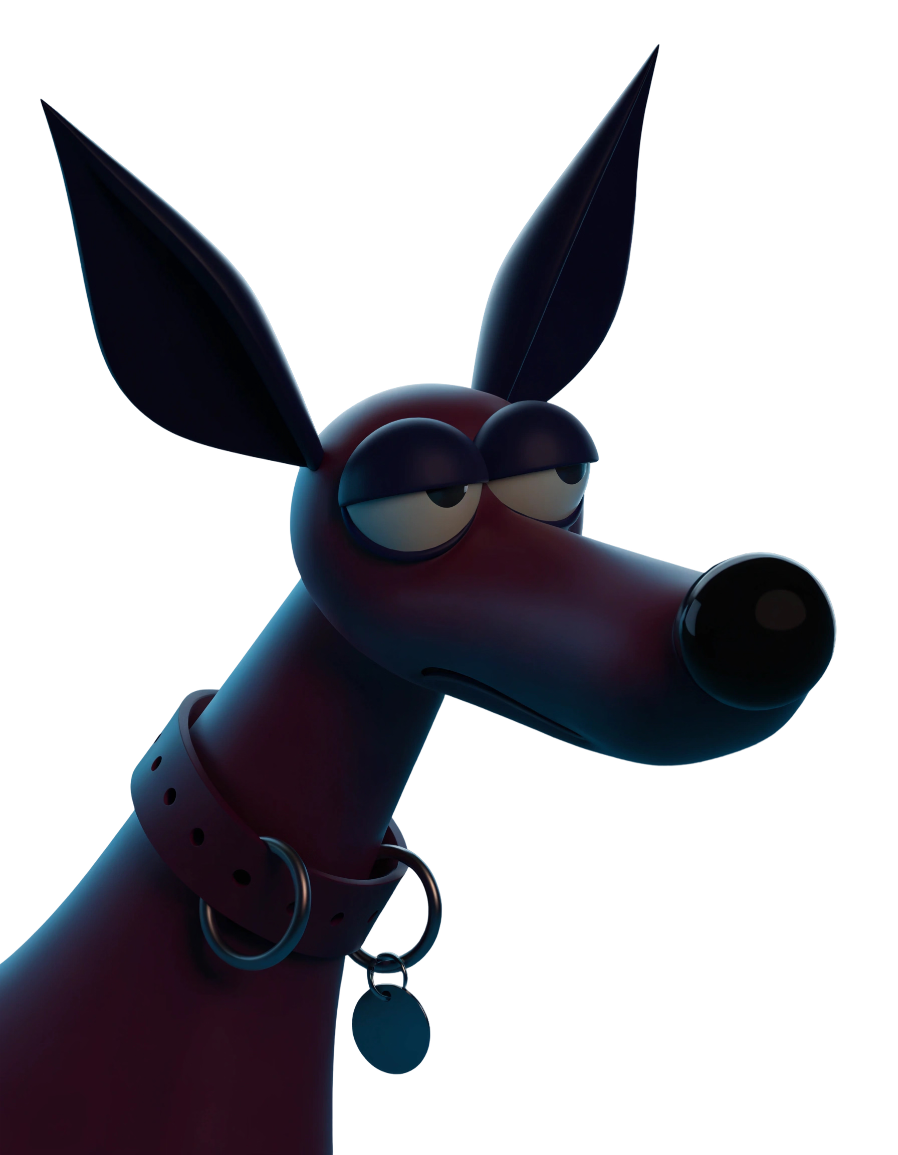 A skeptical, droopy-eared cartoon dog wearing a studded collar, looking unimpressed